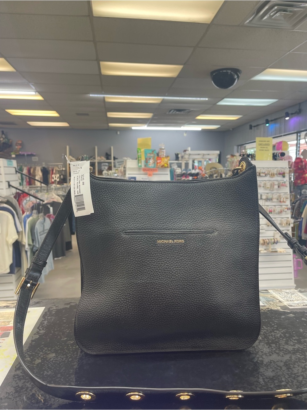 Michael Kors Black Pebbled Leather Shoulder Bag with Gold Accents